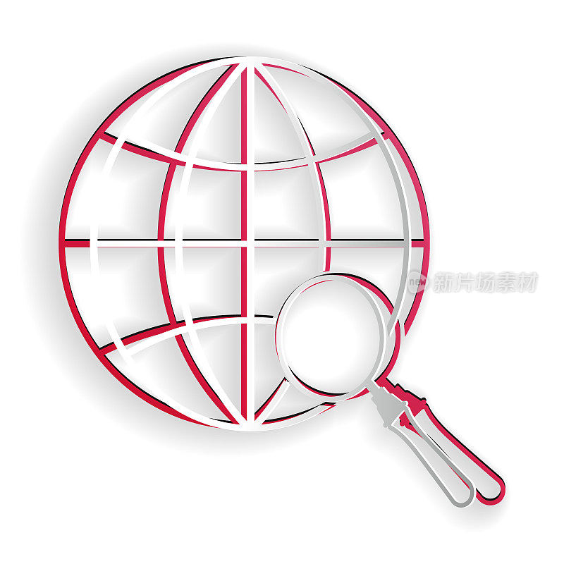 Paper cut Magnifying glass with globe icon isolated on white background. Analyzing the world. Global search sign. Paper art style. Vector